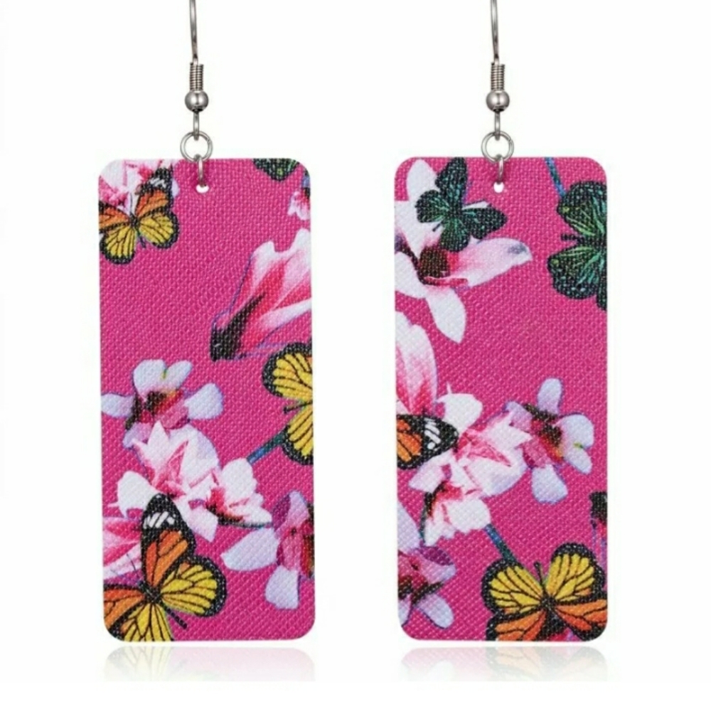 Pink leather rectangular leather earrings